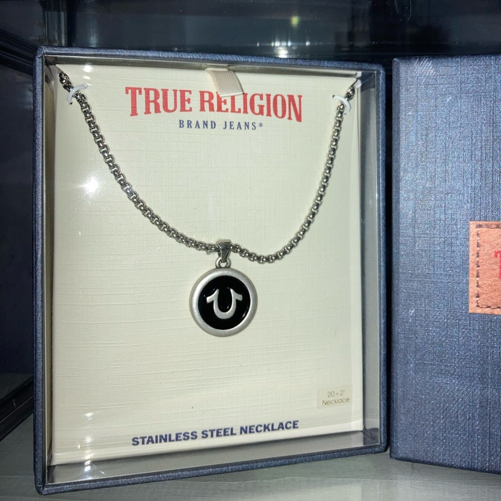 TRUE RELIGION STAINLESS STEEL CHAIN NECKLACE WITH ORIGINAL LOGO, 20+2 INCHES